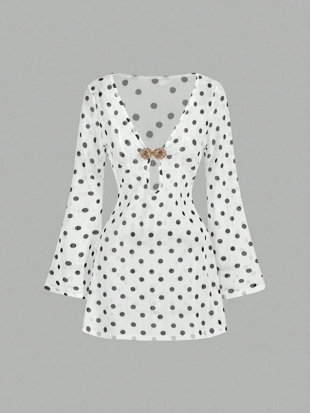 MOD Women's White With Black Polka Dots Mini Dress Sheer Mesh Long Sleeve Deep V Neck Party Beach Vacation - image 2