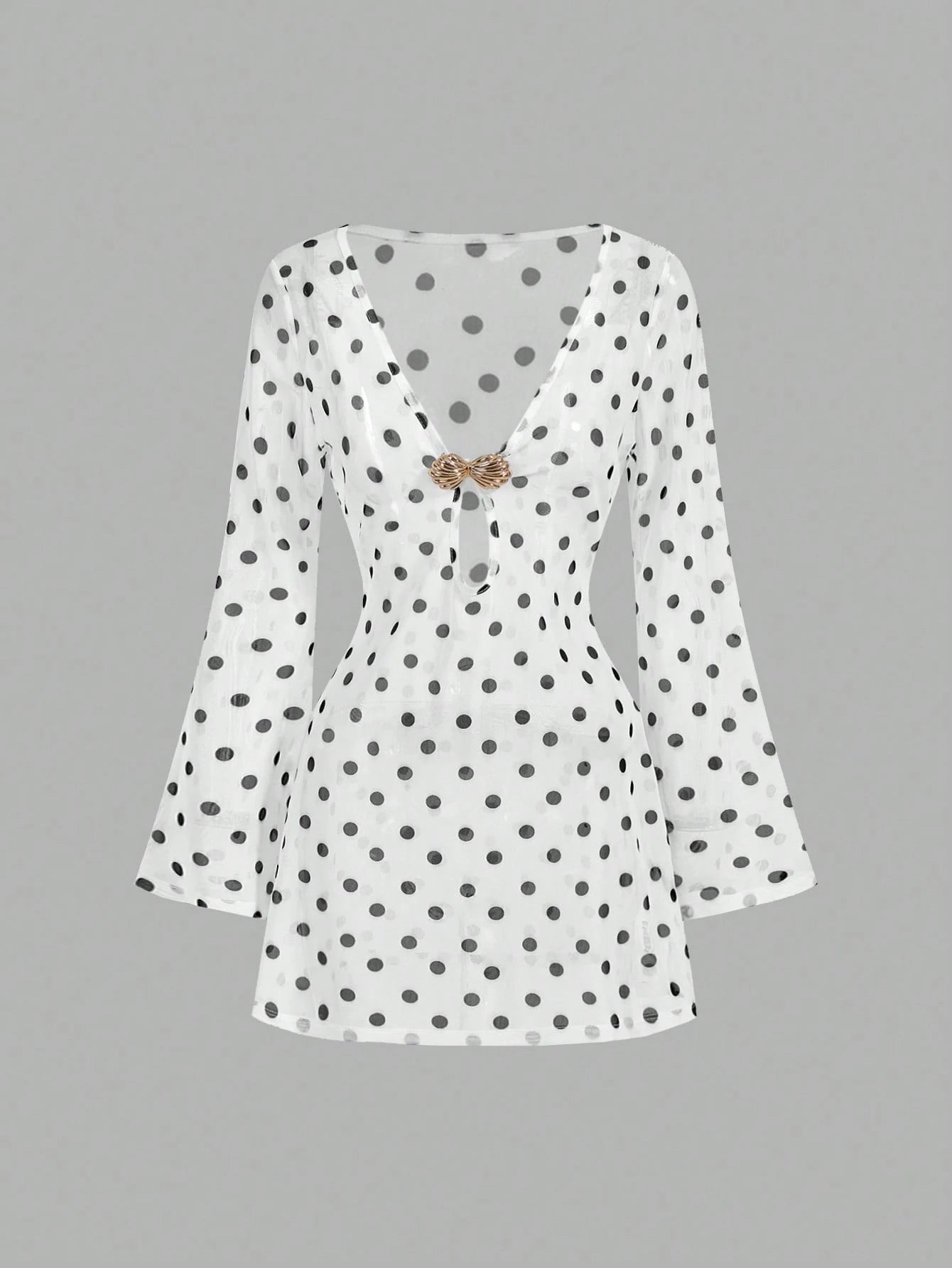 MOD Women's White With Black Polka Dots Mini Dress Sheer Mesh Long Sleeve Deep V Neck Party Beach Vacation - image 2