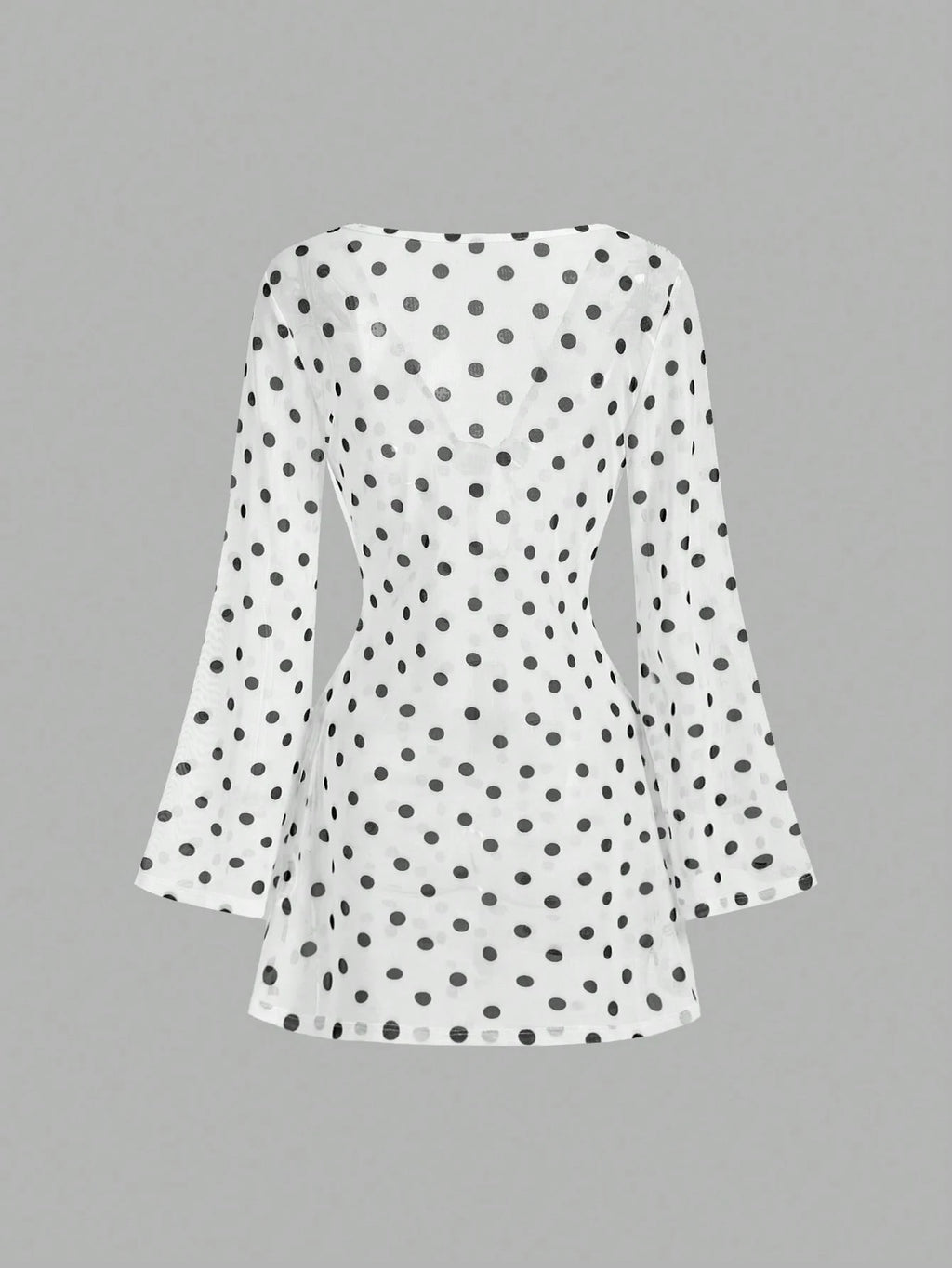 MOD Women's White With Black Polka Dots Mini Dress Sheer Mesh Long Sleeve Deep V Neck Party Beach Vacation - image 3