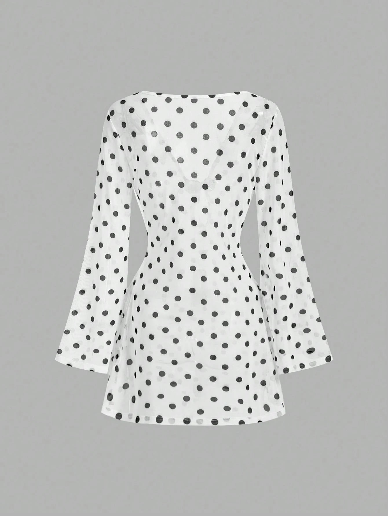 MOD Women's White With Black Polka Dots Mini Dress Sheer Mesh Long Sleeve Deep V Neck Party Beach Vacation - image 3