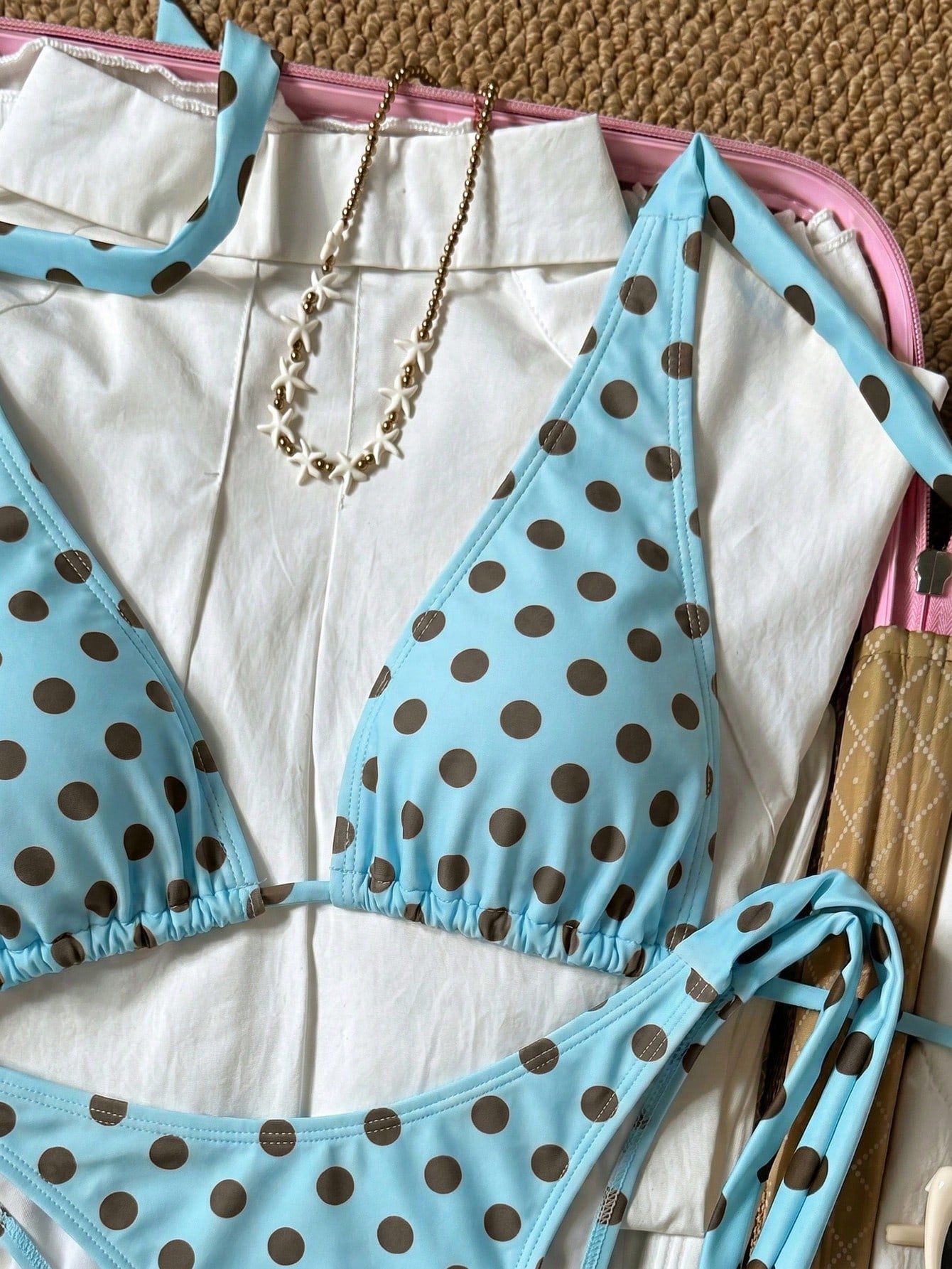 2pcs Polka Dot Elegant Halter Neck Back Tie Open Back Swimwear Top