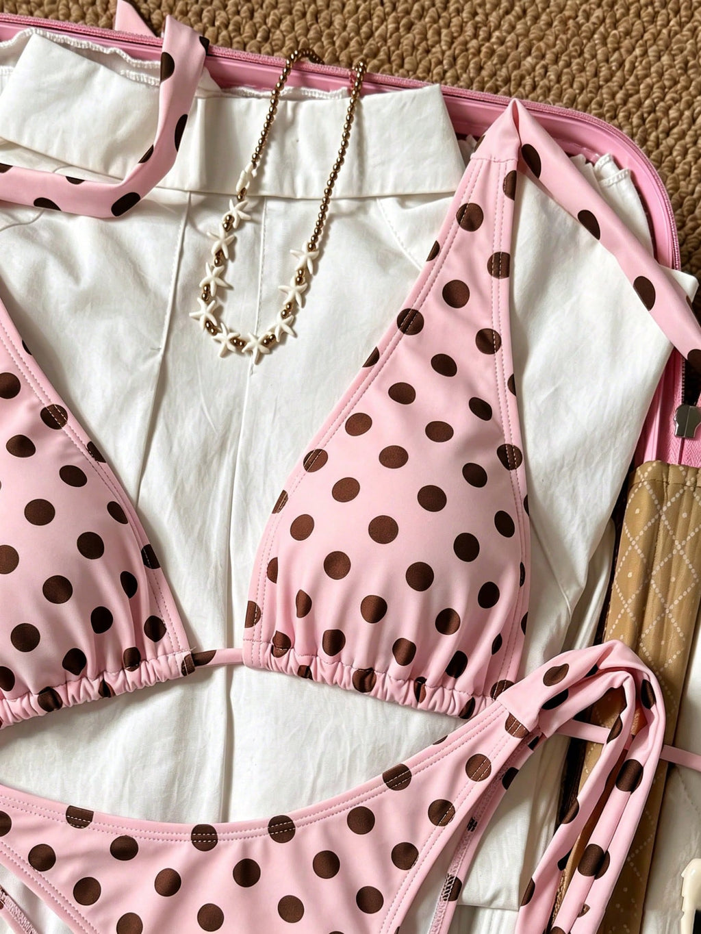 2pcs Polka Dot Elegant Halter Backless Bikini Top With Waist Tie