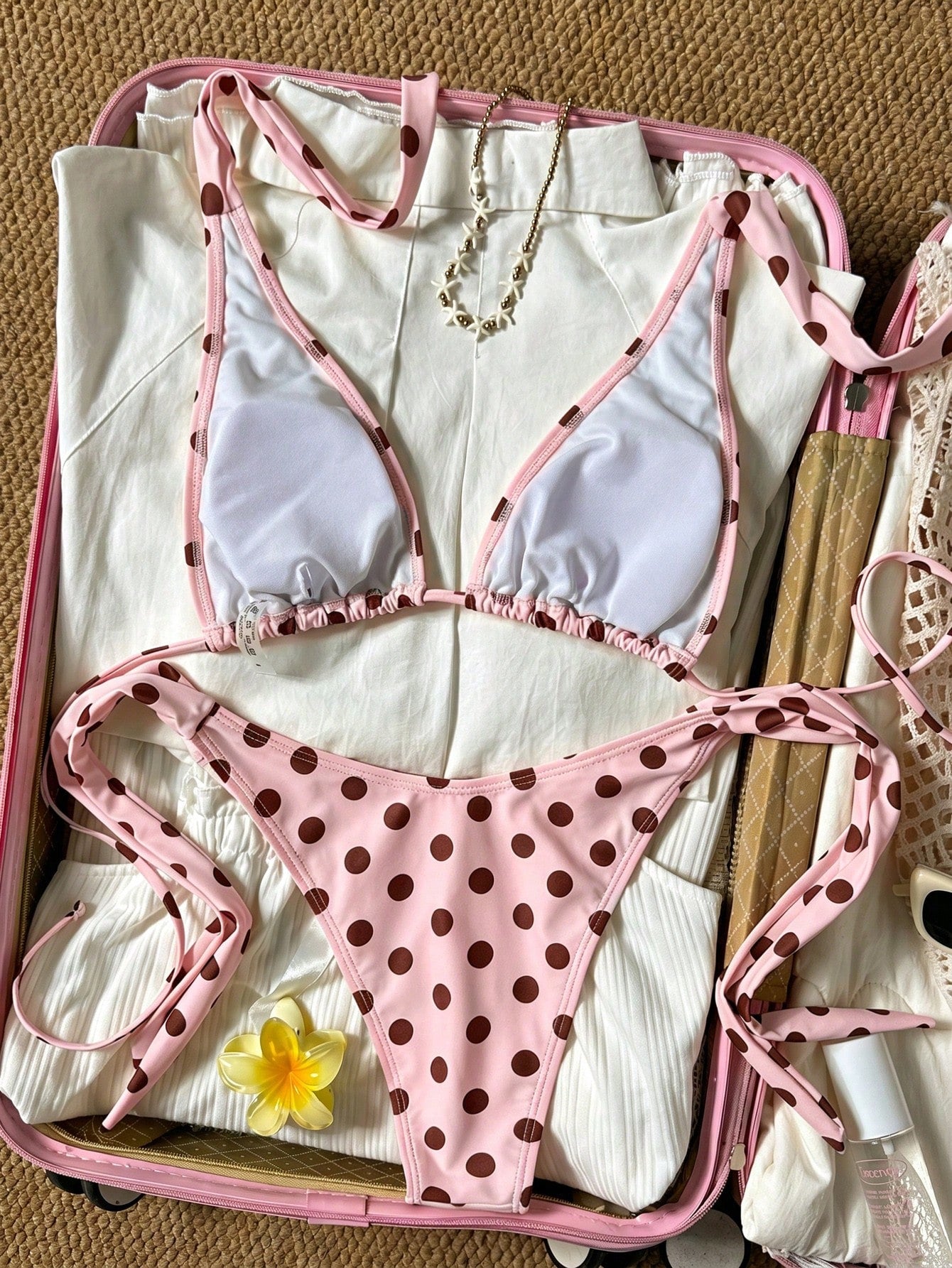 2pcs Polka Dot Elegant Halter Backless Bikini Top With Waist Tie