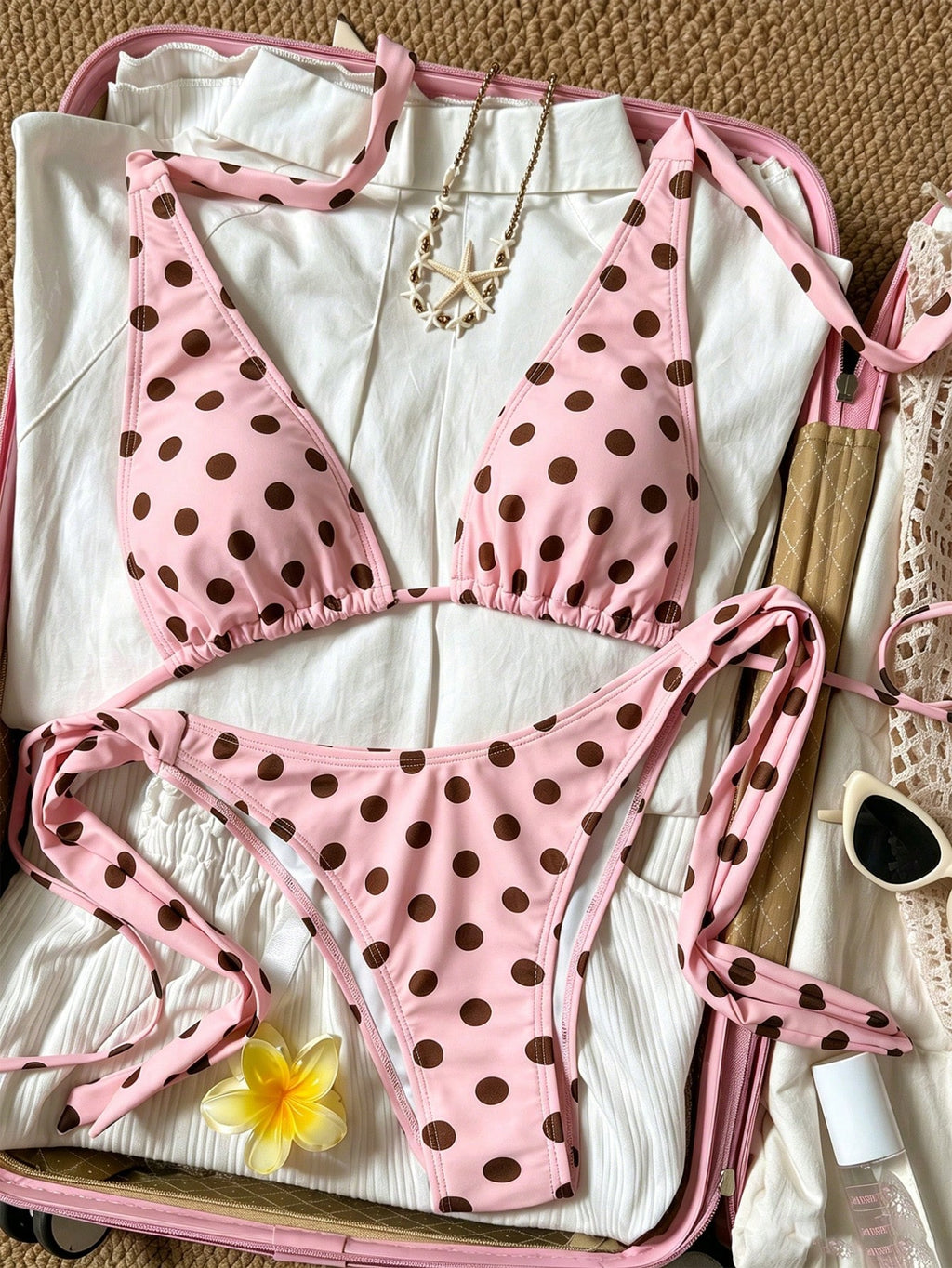 2pcs Polka Dot Elegant Halter Backless Bikini Top With Waist Tie