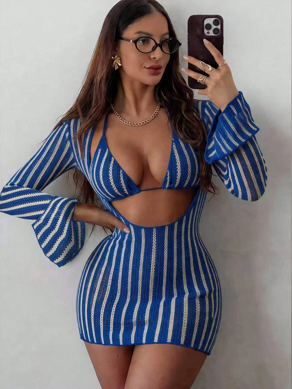 Swim SXY 3pcs/Set Women's Sexy Colorful Hollow Striped Cover-Up, Triangle Bikini