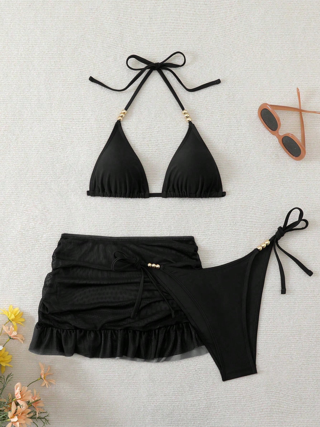 Swim SXY 3pcs Women's Sexy Solid Color V-Neck Halter Tie Bikini Set