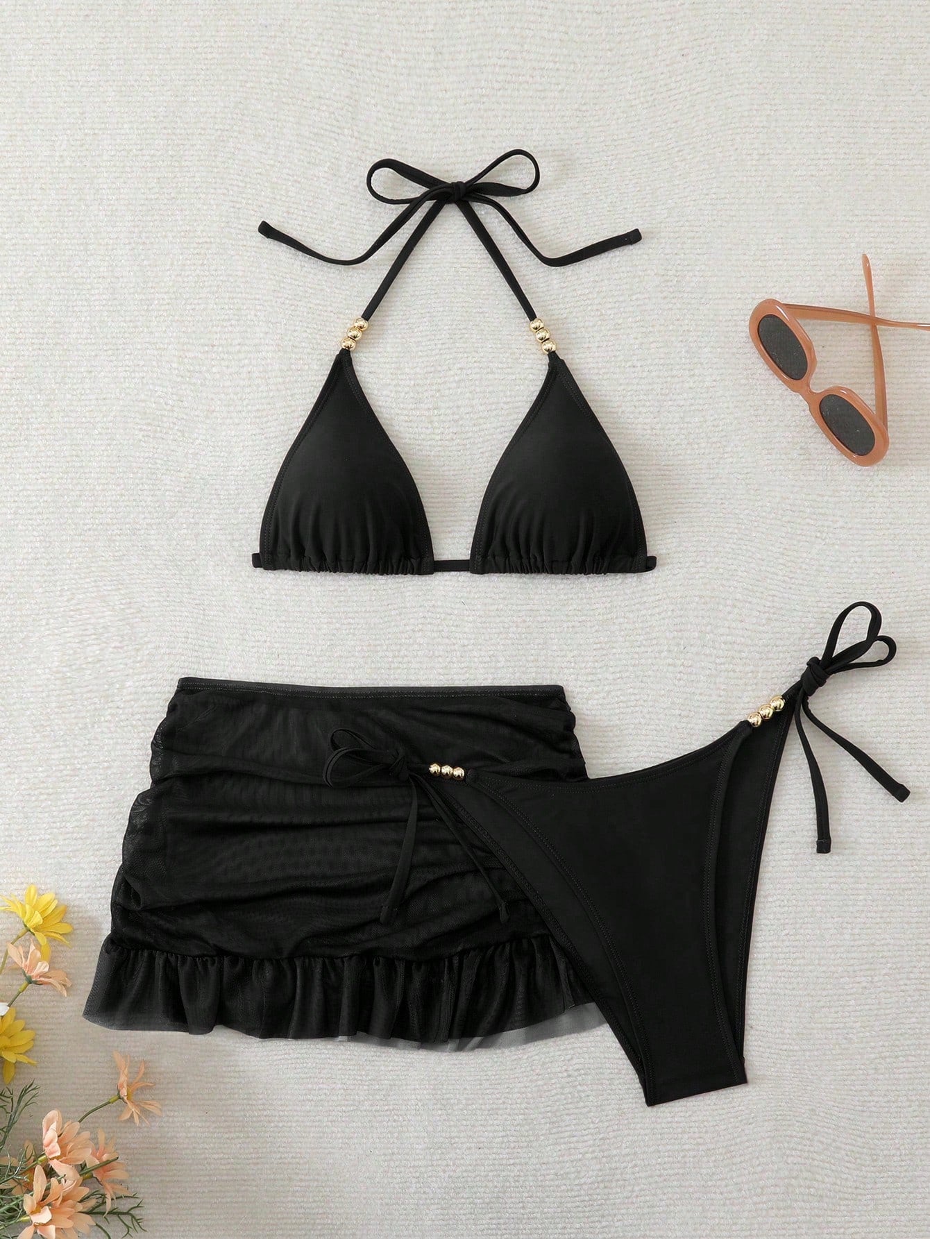 Swim SXY 3pcs Women's Sexy Solid Color V-Neck Halter Tie Bikini Set