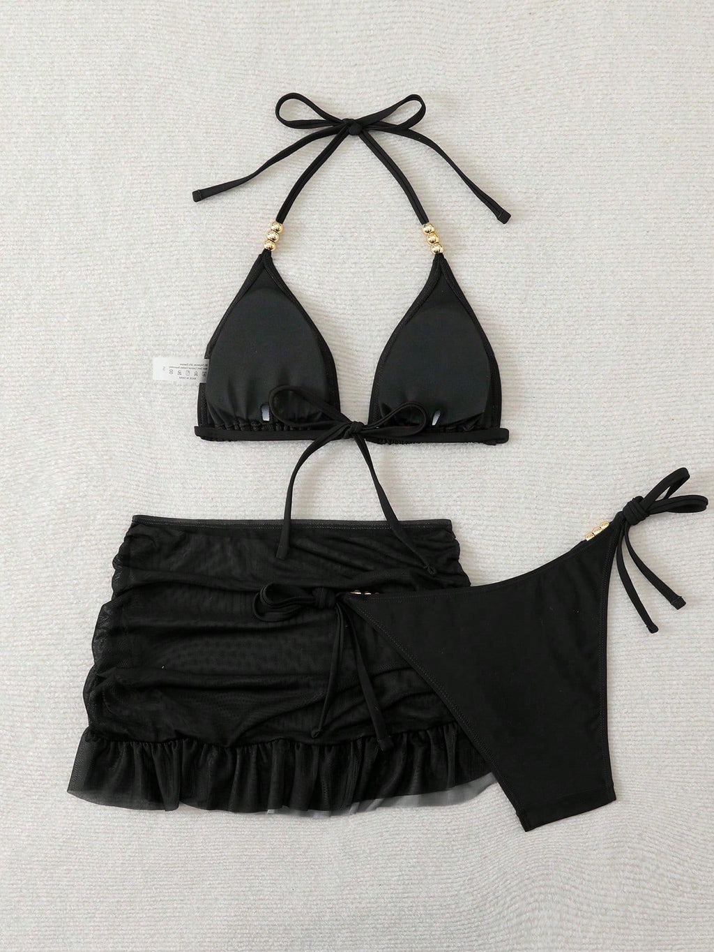 Swim SXY 3pcs Women's Sexy Solid Color V-Neck Halter Tie Bikini Set