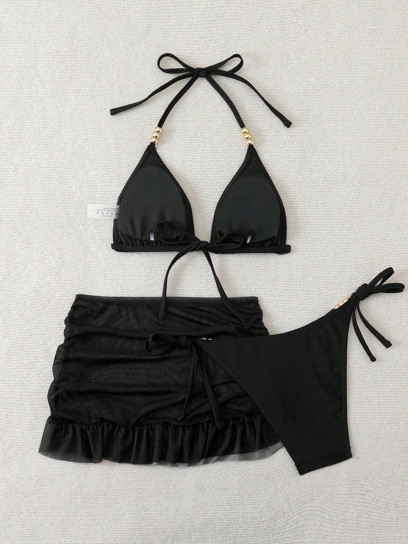 Swim SXY 3pcs Women's Sexy Solid Color V-Neck Halter Tie Bikini Set