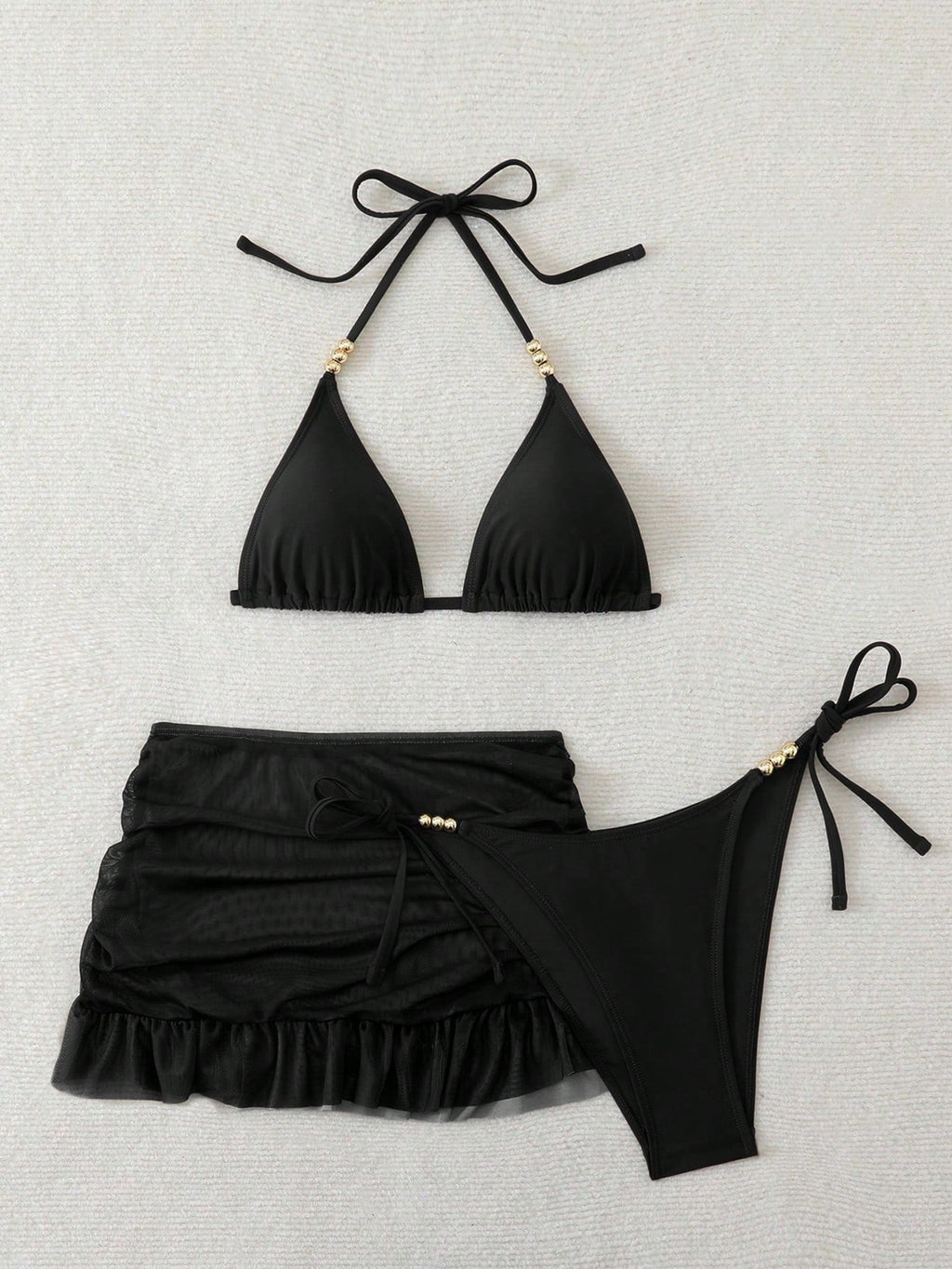Swim SXY 3pcs Women's Sexy Solid Color V-Neck Halter Tie Bikini Set