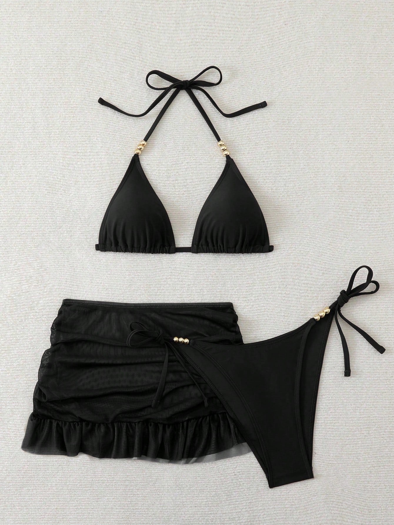 Swim SXY 3pcs Women's Sexy Solid Color V-Neck Halter Tie Bikini Set Set With Cover-Up - image 4
