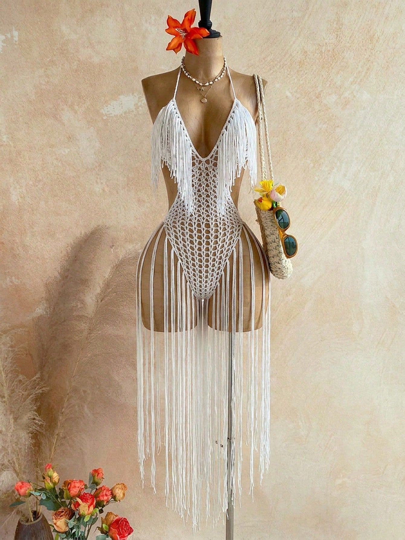 Soleia Women's Tassel Design Halter Neck Casual Vacation Cover-Up
