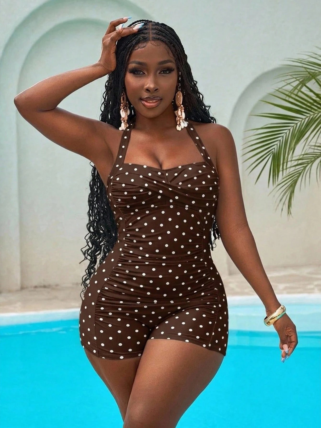 Slaydiva Plus Size Women's Leopard Print Floral Print Halter Neck Tie One-Piece Short Swimsuit, Suitable For - image 4