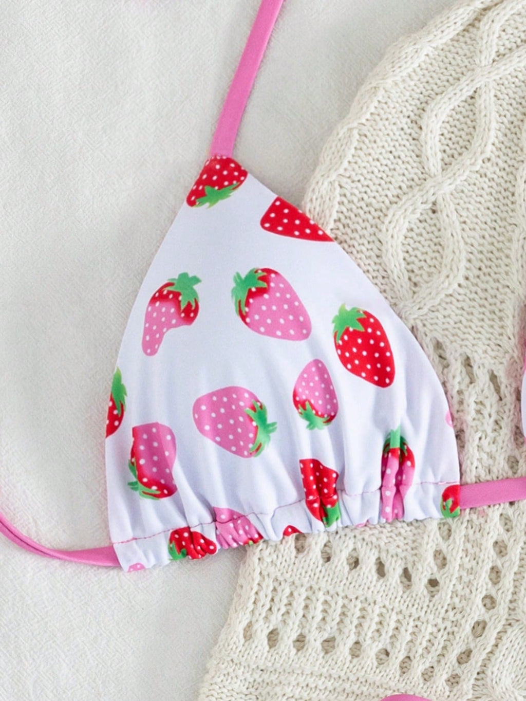 2pcs/Set Fruit Allover Print Strawberry Sexy Backless Tie Bikini Set, For Beach,