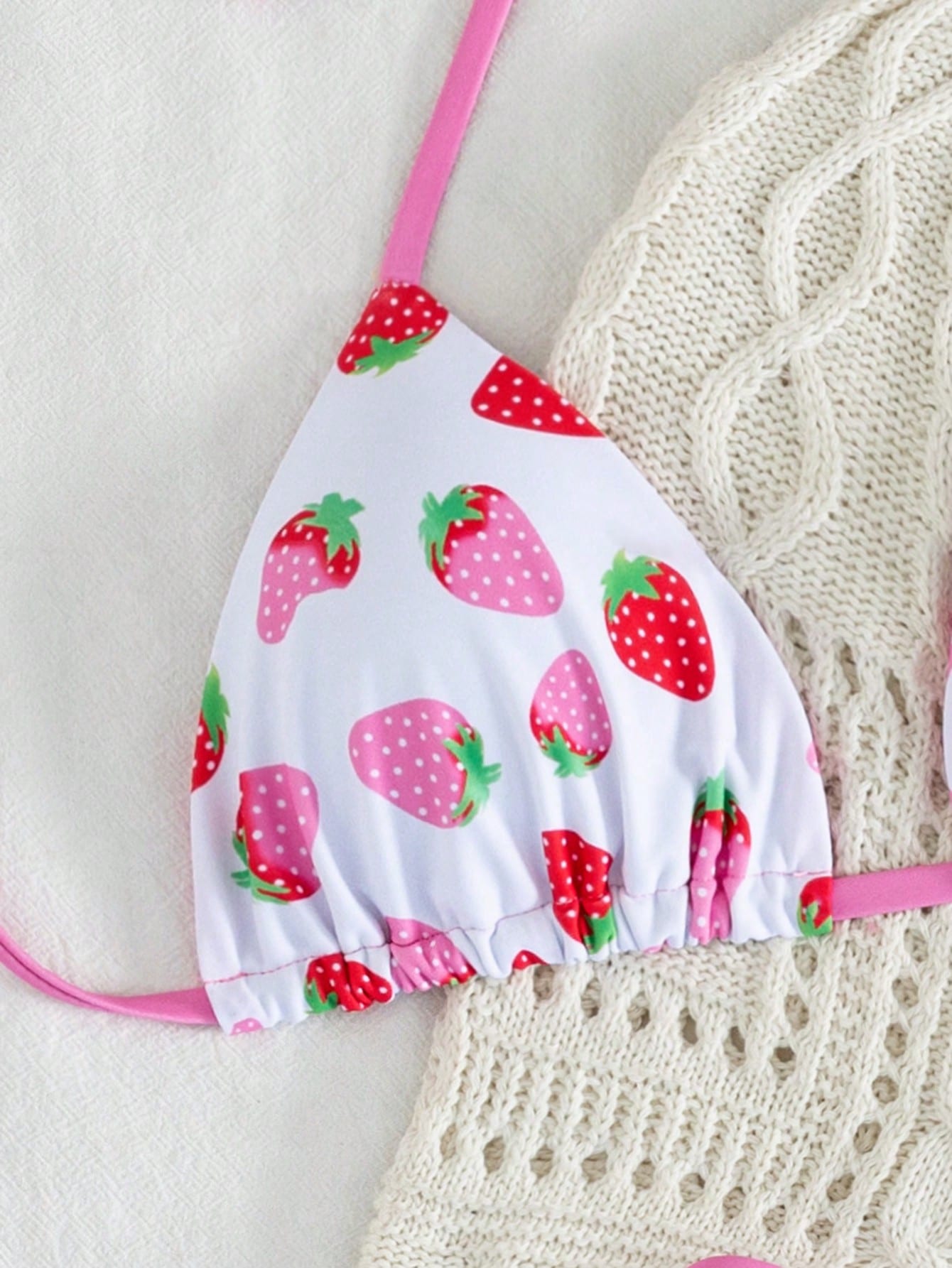 2pcs/Set Fruit Allover Print Strawberry Sexy Backless Tie Bikini Set, For Beach,