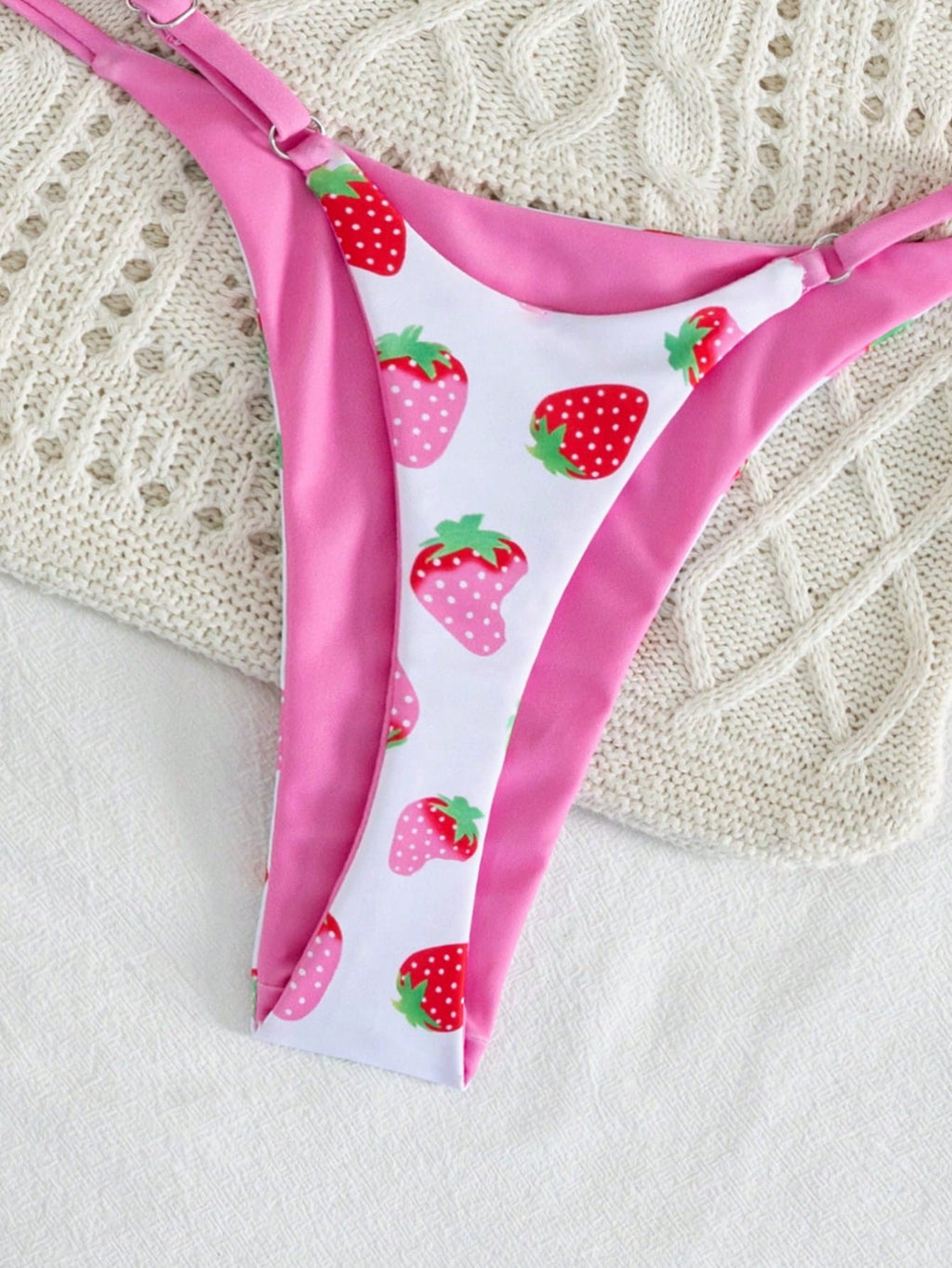 2pcs/Set Fruit Allover Print Strawberry Sexy Backless Tie Bikini Set, For Beach,