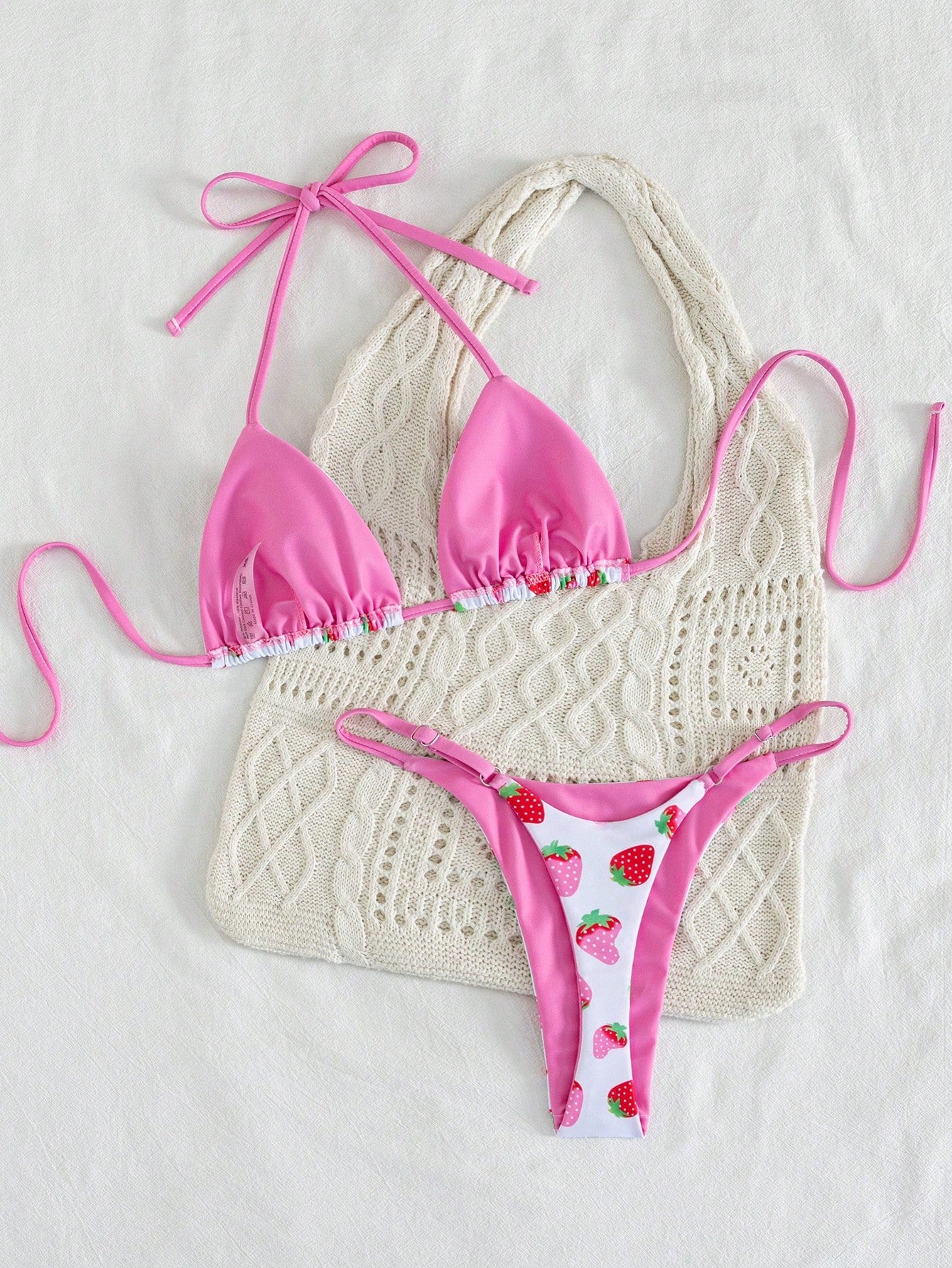 2pcs/Set Fruit Allover Print Strawberry Sexy Backless Tie Bikini Set, For Beach,