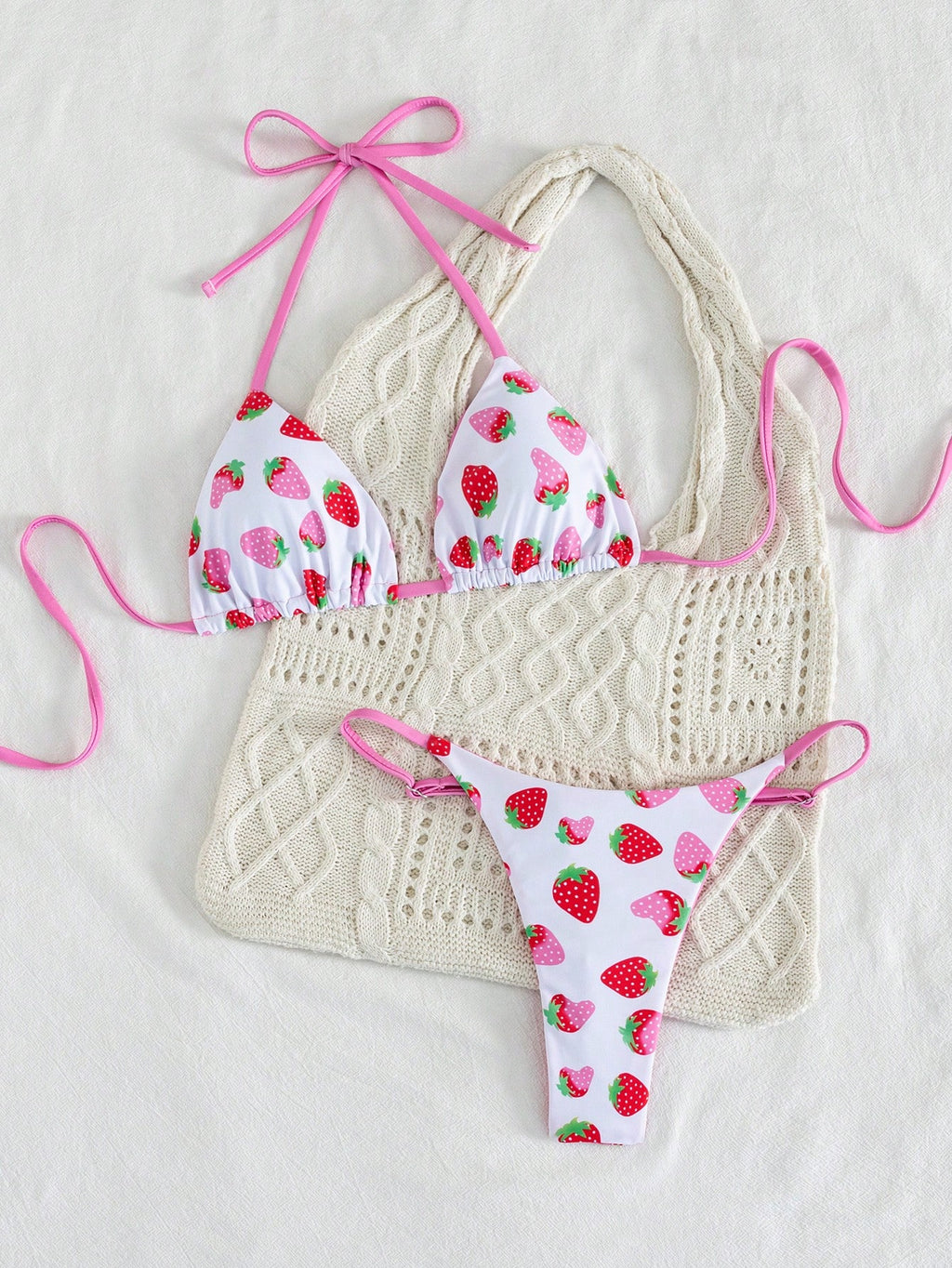 2pcs/Set Fruit Allover Print Strawberry Sexy Backless Tie Bikini Set, For Beach,
