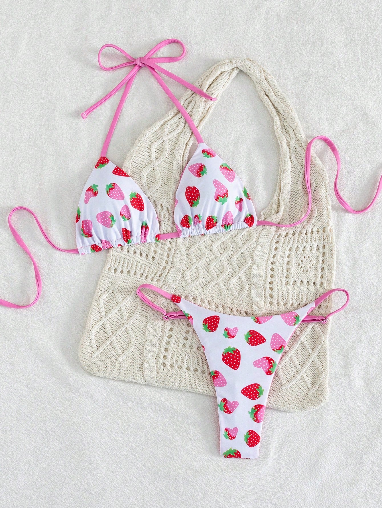 2pcs/Set Fruit Allover Print Strawberry Sexy Backless Tie Bikini Set, For Beach,