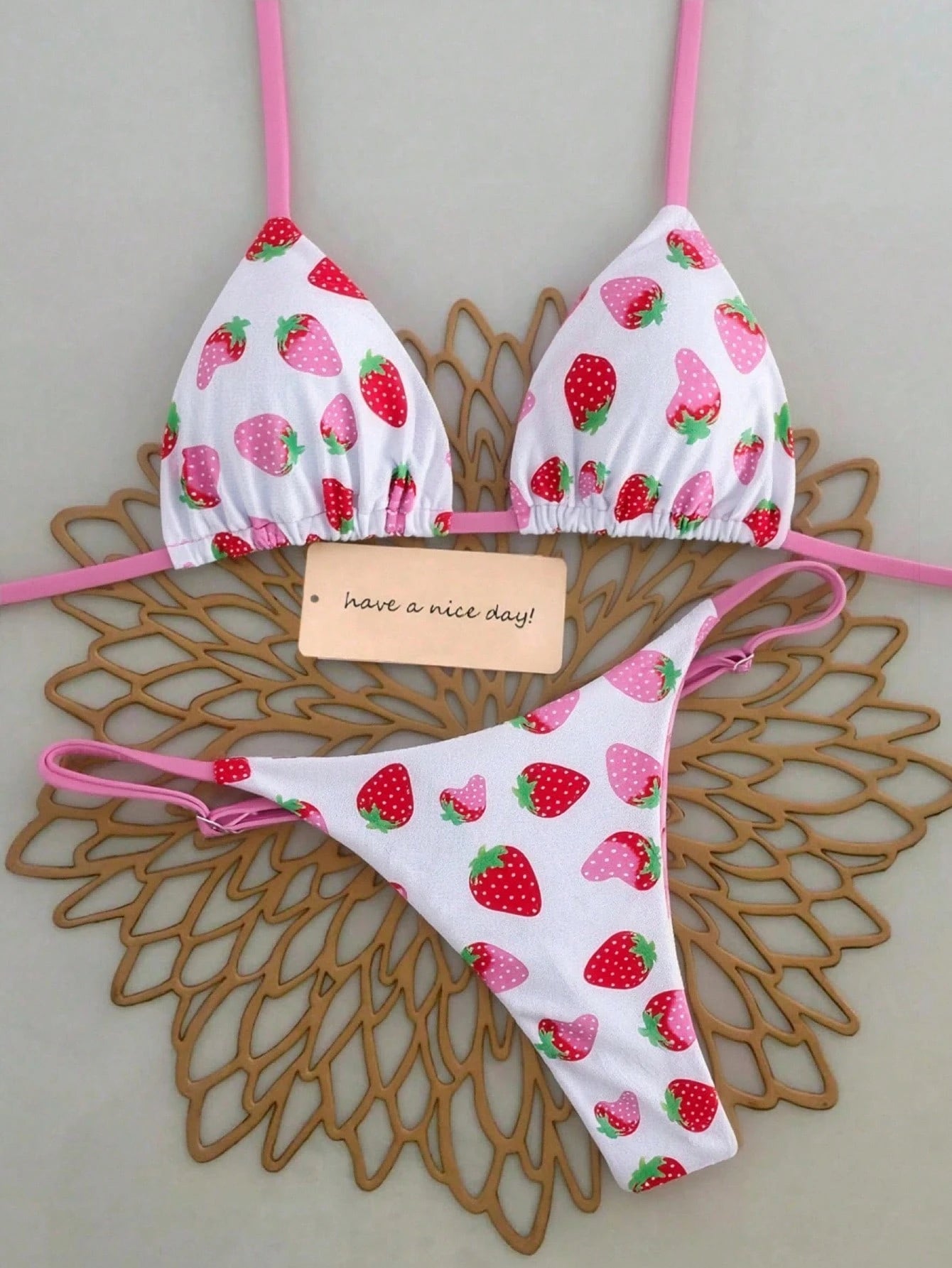 2pcs/Set Fruit Allover Print Strawberry Sexy Backless Tie Bikini Set, For Beach,