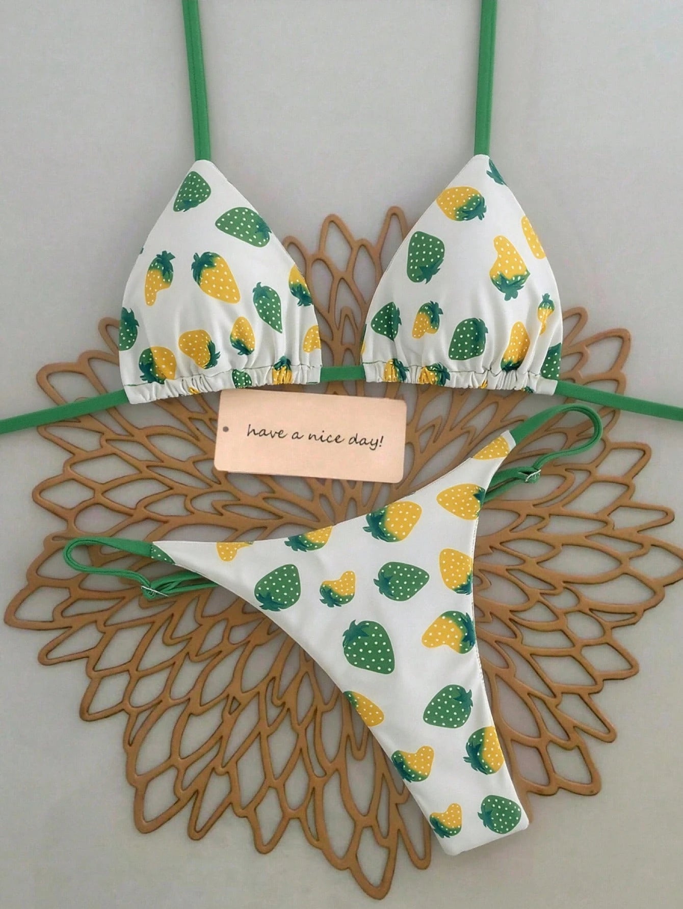 2pcs/Set Fruit Allover Print Strawberry Sexy Backless Tie Bikini Set, For Beach,