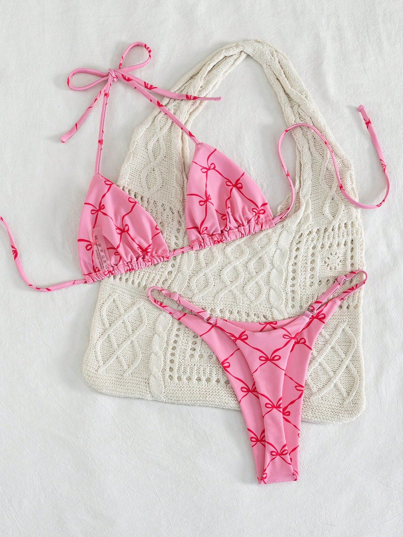 2pcs/Set Fruit Allover Print Strawberry Sexy Backless Tie Bikini Set, For Beach,