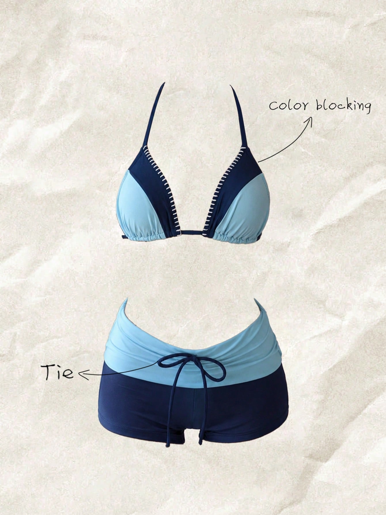 Elavelle Sea Salt Blue Collar Bikini With Collar, Dogtooth Triangle