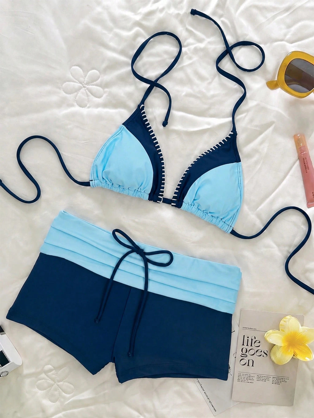 Elavelle Sea Salt Blue Collar Bikini With Collar, Dogtooth Triangle