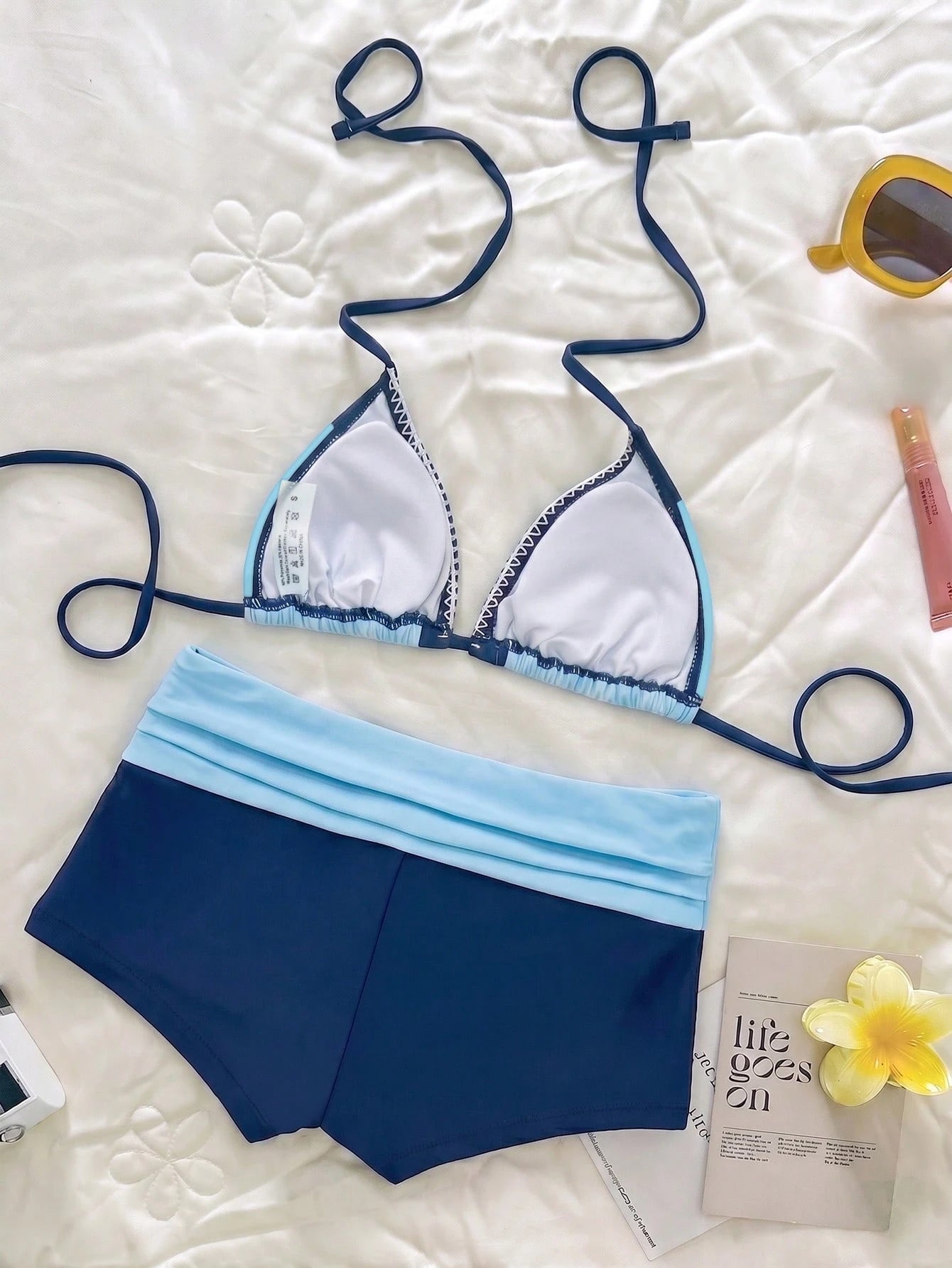 Elavelle Sea Salt Blue Collar Bikini With Collar, Dogtooth Triangle