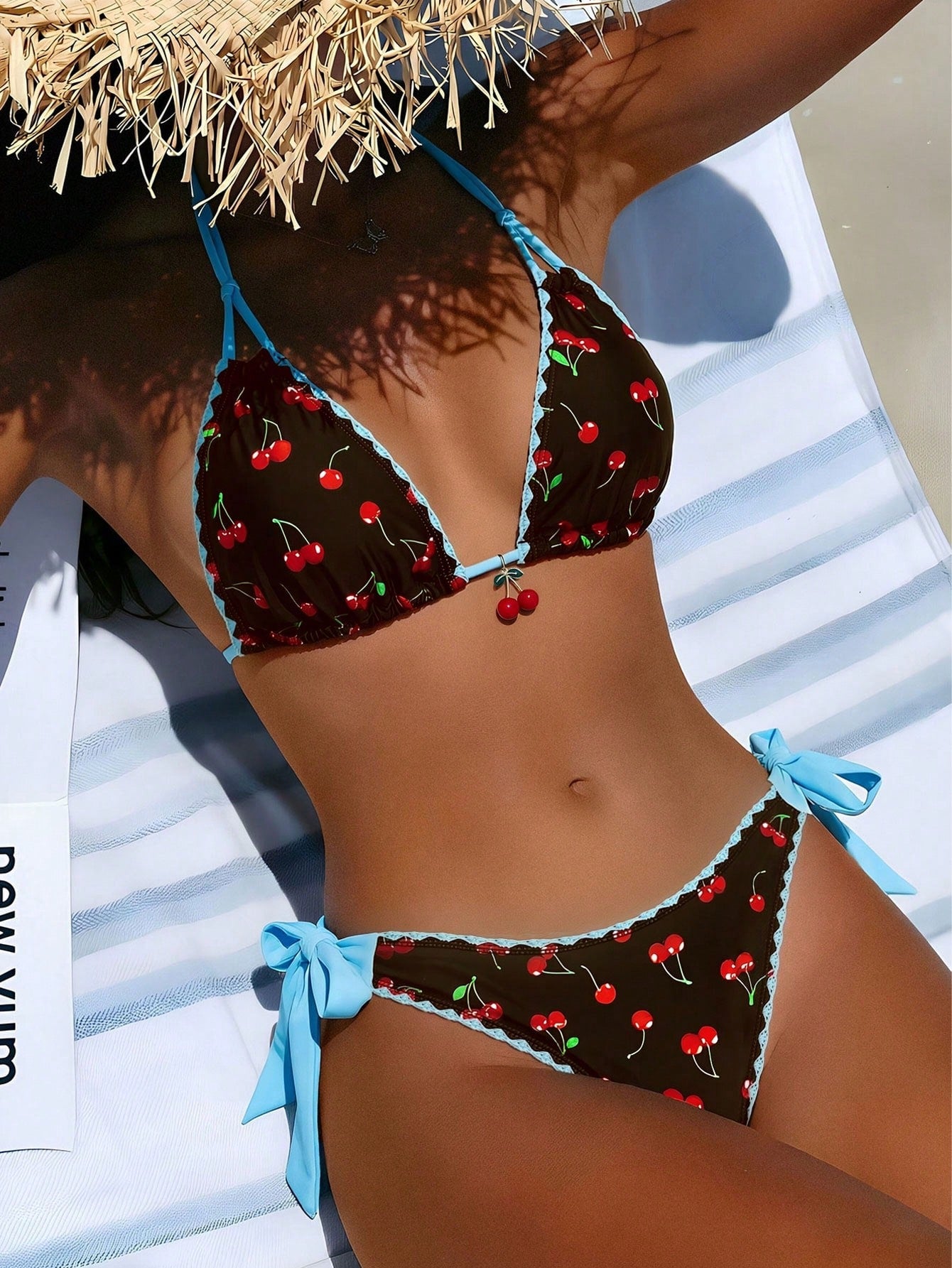 1 Set Women's Bikini Two Pieces Swimwear, Color Block Floral Trim