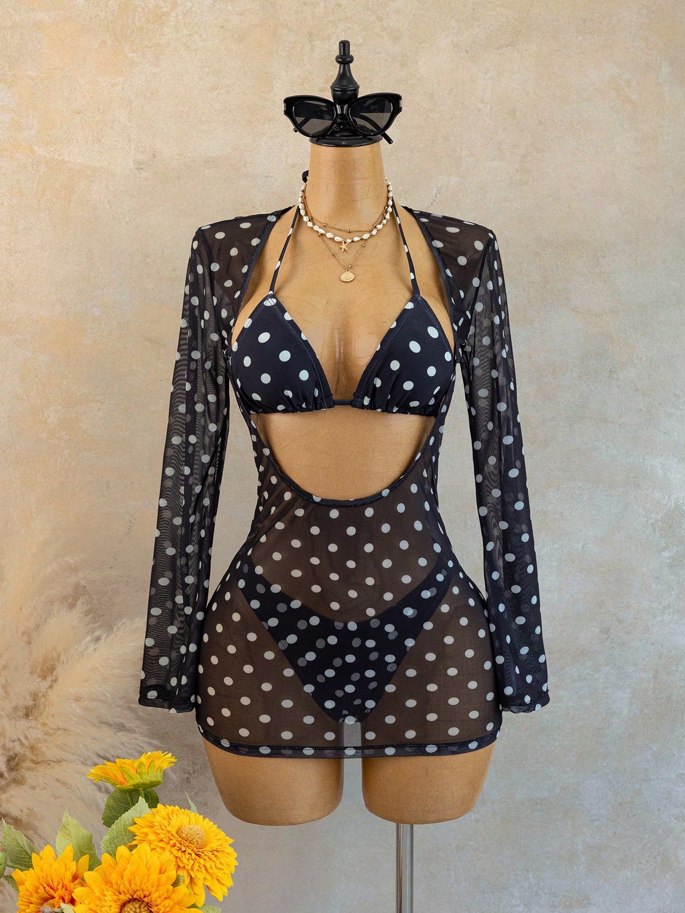 Sirith Vintage Polka Dot Vacation Style Women's 3-Piece Bikini Set,