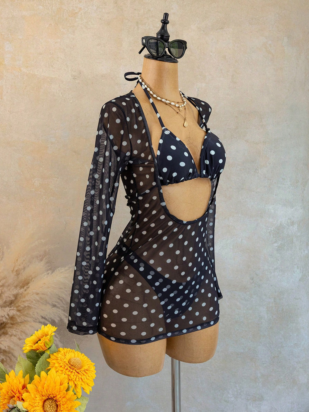 Sirith Vintage Polka Dot Vacation Style Women's 3-Piece Bikini Set,