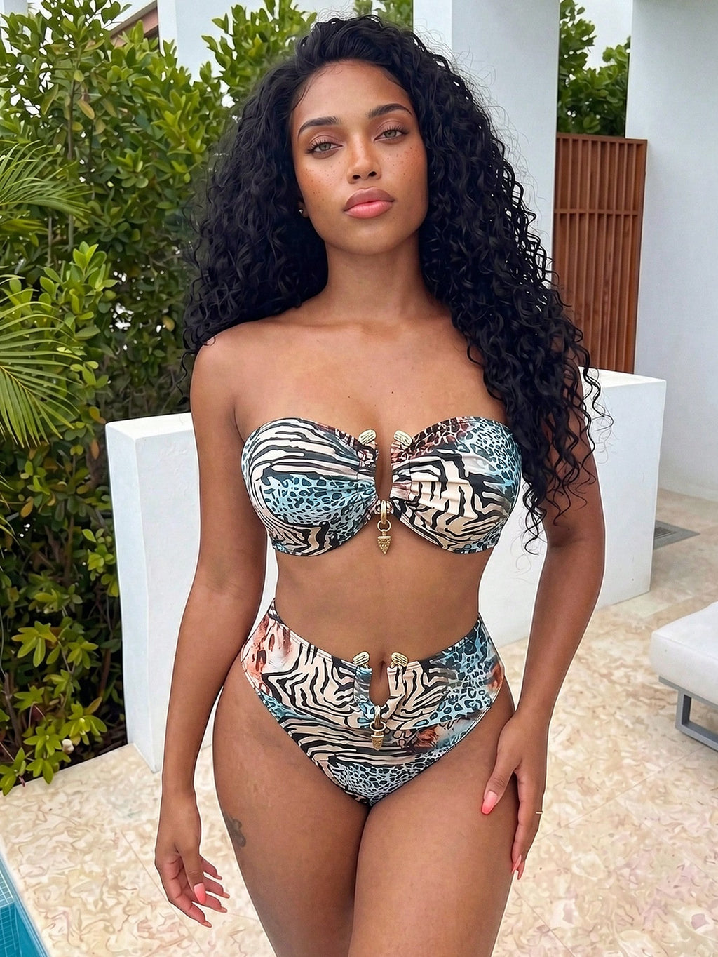 Swim SXY Sexy Ombre Leopard Print Gold Accessories Bandeau Bikini