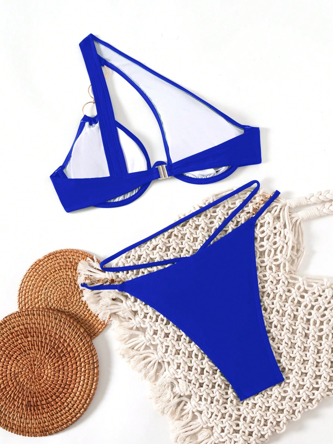 Swim SXY Women's Solid Color Metal Chain Asymmetric Neckline Bikini Set One Shou