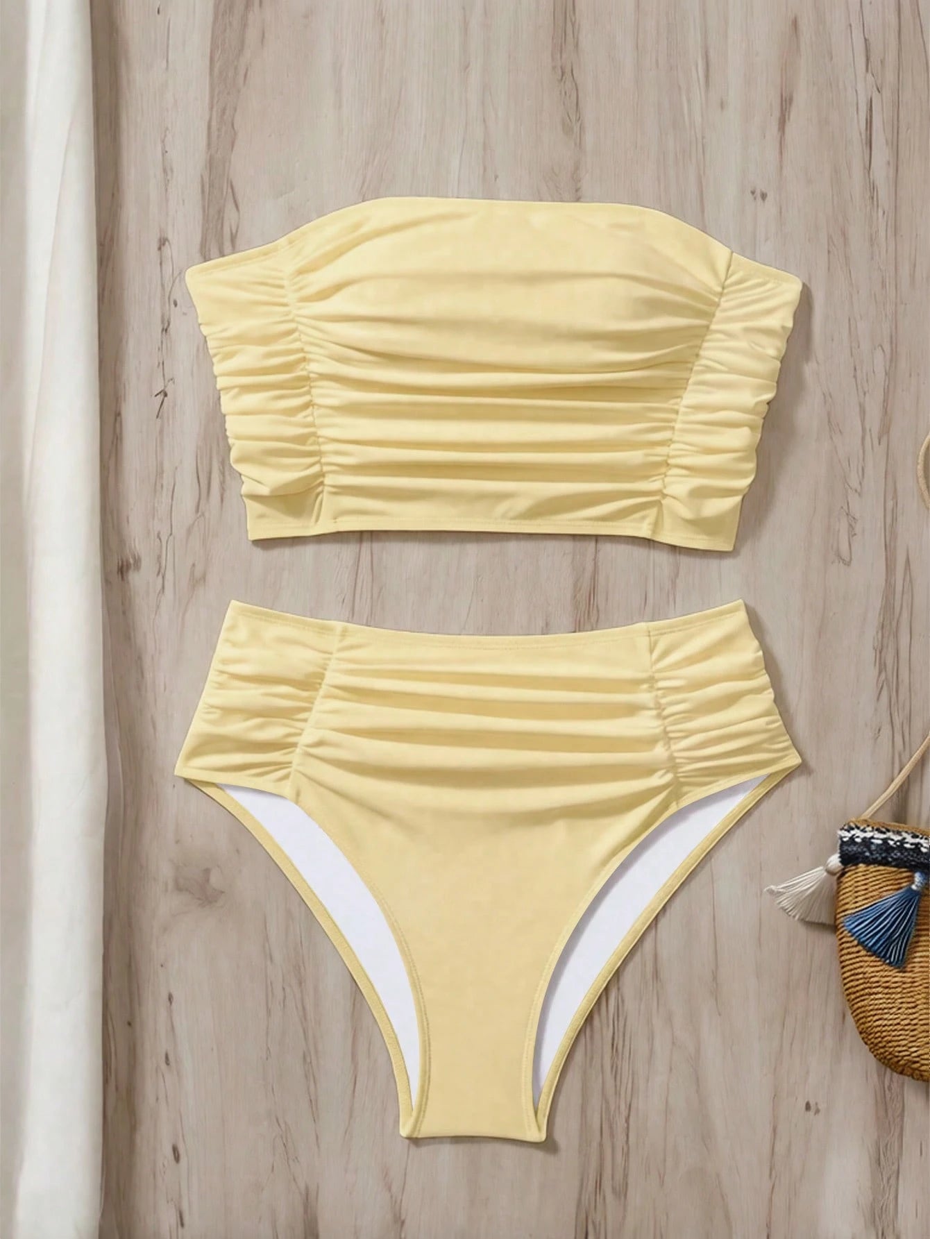 Swim Chiccia Women's Solid Color Bandeau Ruched Bikini Set