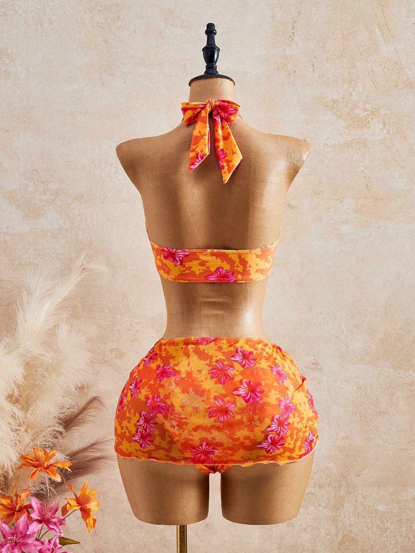 Bellisia Women's Beach Outfit, Yellow Tie-Dye Big Floral, 3-Piece Set With 3D Fl