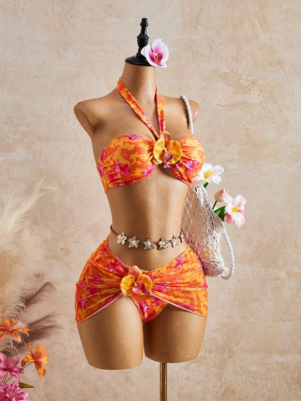 Bellisia Women's Beach Outfit, Yellow Tie-Dye Big Floral, 3-Piece Set With 3D Fl