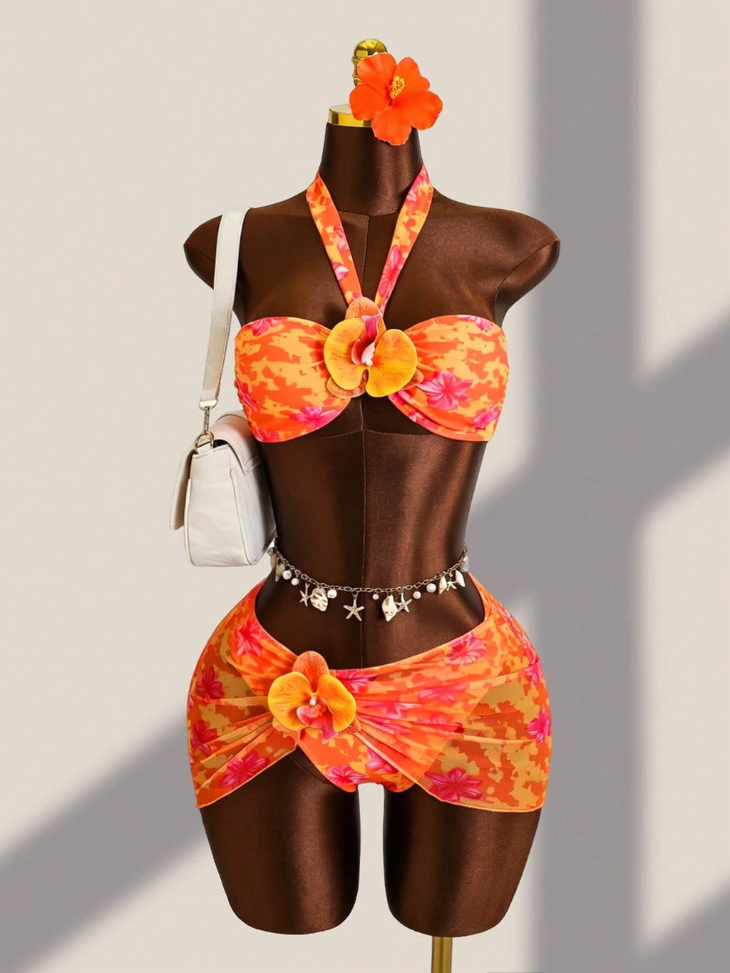Bellisia Women's Beach Outfit, Yellow Tie-Dye Big Floral, 3-Piece Set With 3D Fl
