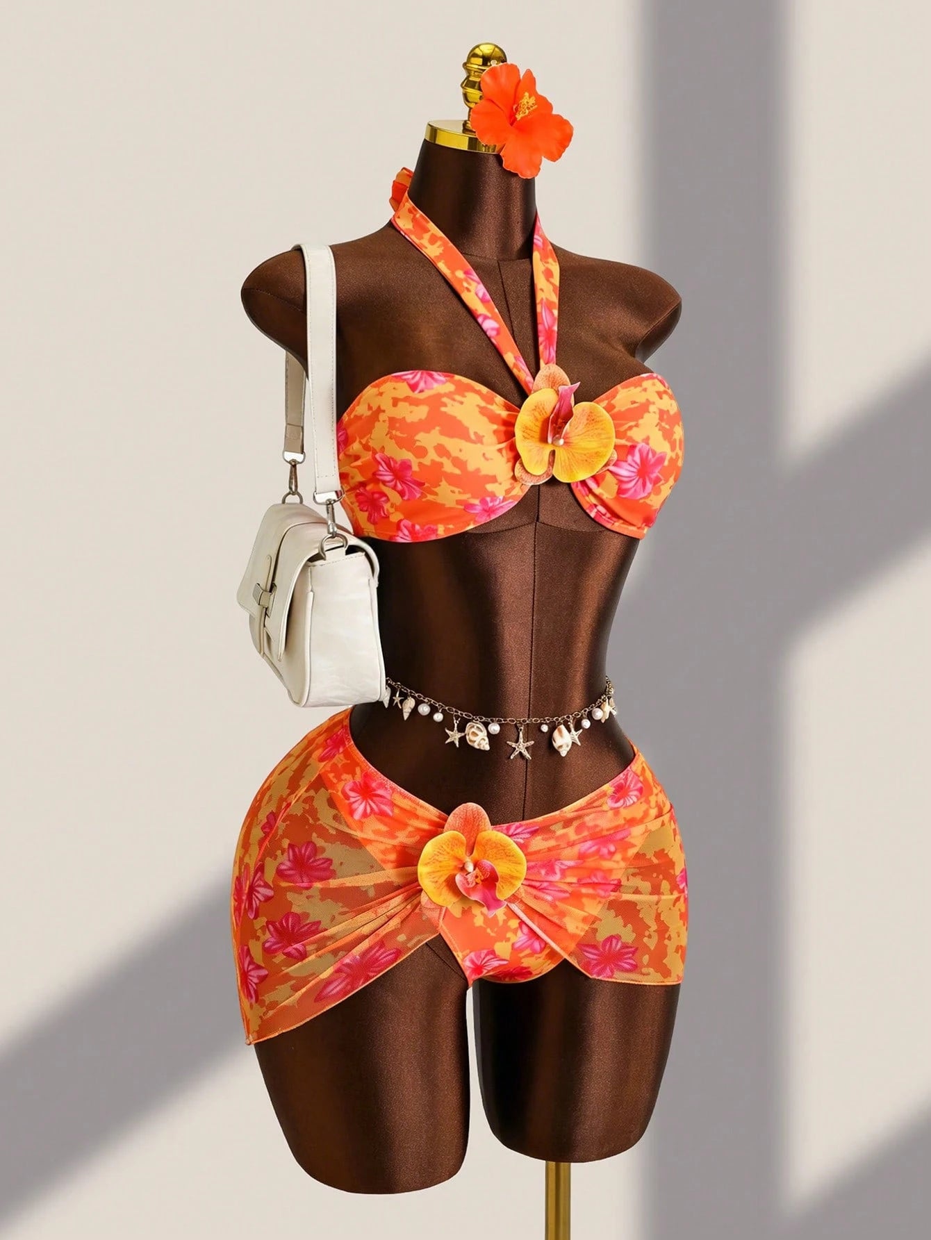 Bellisia Women's Beach Outfit, Yellow Tie-Dye Big Floral, 3-Piece Set With 3D Fl