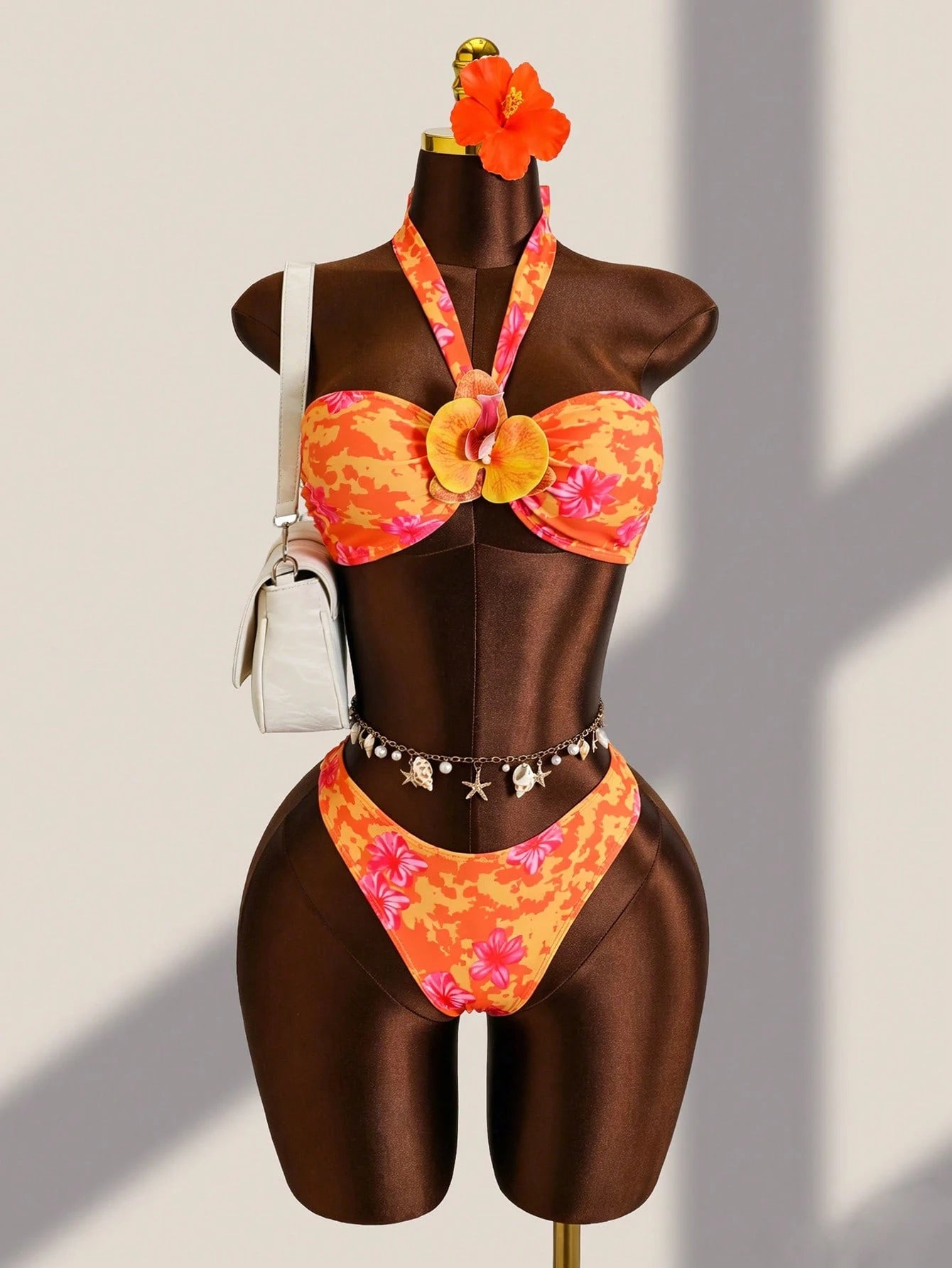 Bellisia Women's Beach Outfit, Yellow Tie-Dye Big Floral, 3-Piece Set With 3D Fl