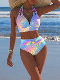 Women's Casual Sexy High Stretch Halter Bikini Set With Rainbow