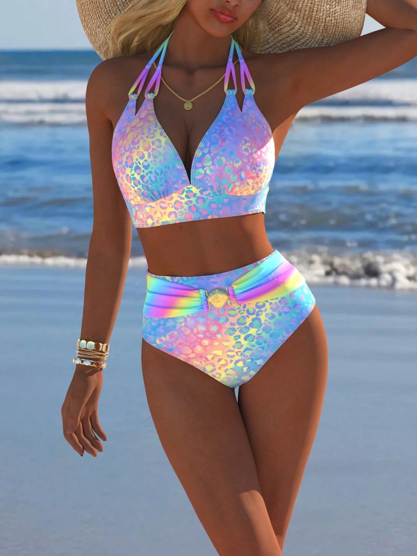 Women's Casual Sexy High Stretch Halter Bikini Set With Rainbow