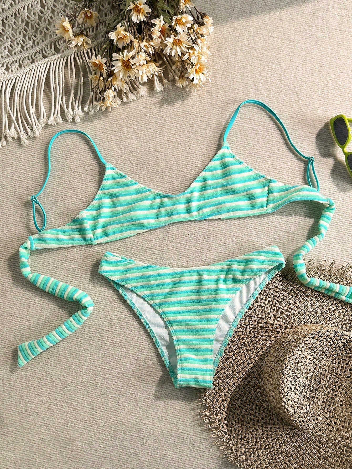 Swim Mod Summer Beach Women 2 Pieces Set Green Special Texture Fabric