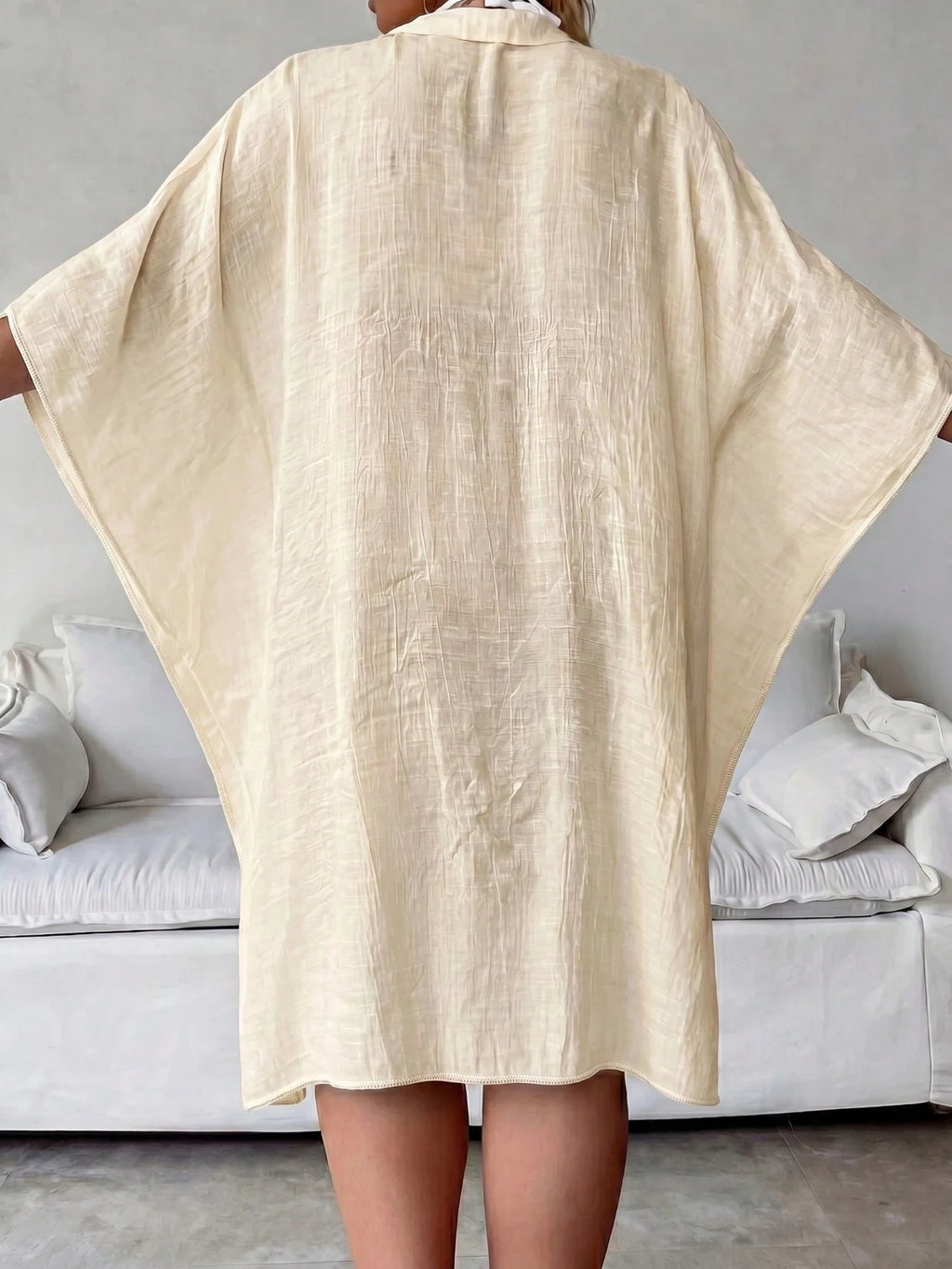 Plus Size Women's Summer White Batwing 3/4 Sleeve Cover Up, White , Single-Breasted Shirt, Solid Color , - image 19