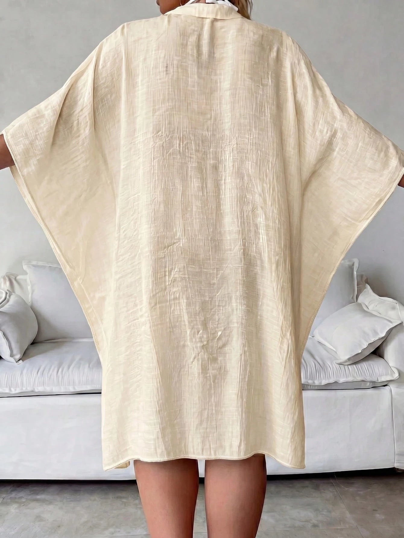 Plus Size Women's Summer White Batwing 3/4 Sleeve Cover Up, White , Single-Breasted Shirt, Solid Color , - image 19