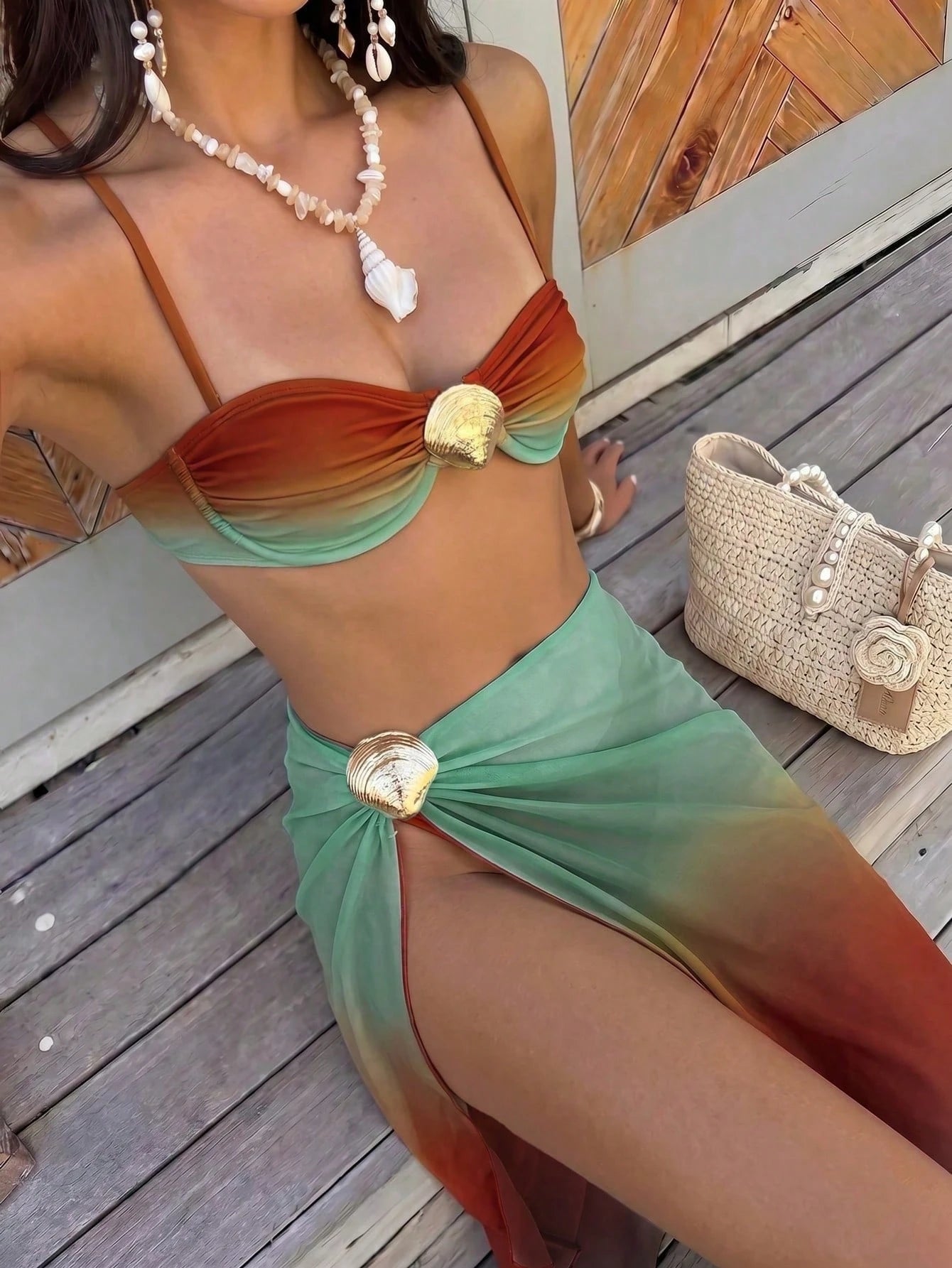 3pcs/Set Shell Decor Ombre Print Halter Bikini Set With Side Slit