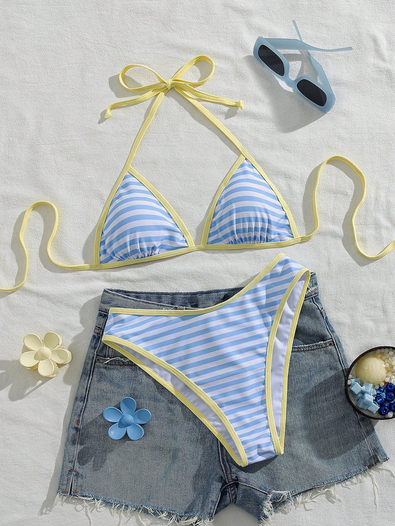 Women's Halter Tie Solid Color Sexy Bikini Swimwear Set, Halter Tie Backless Wom