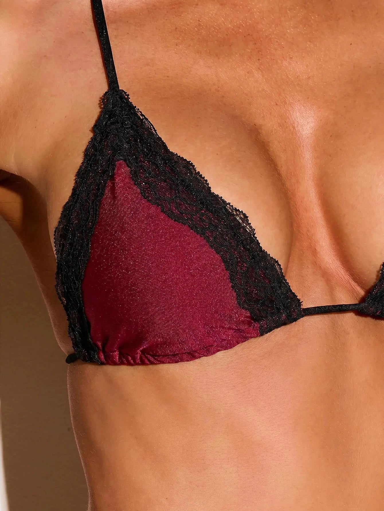 KIZN Halter Triangle Bikini Set With Contrast Lace Trim And Side-Tie