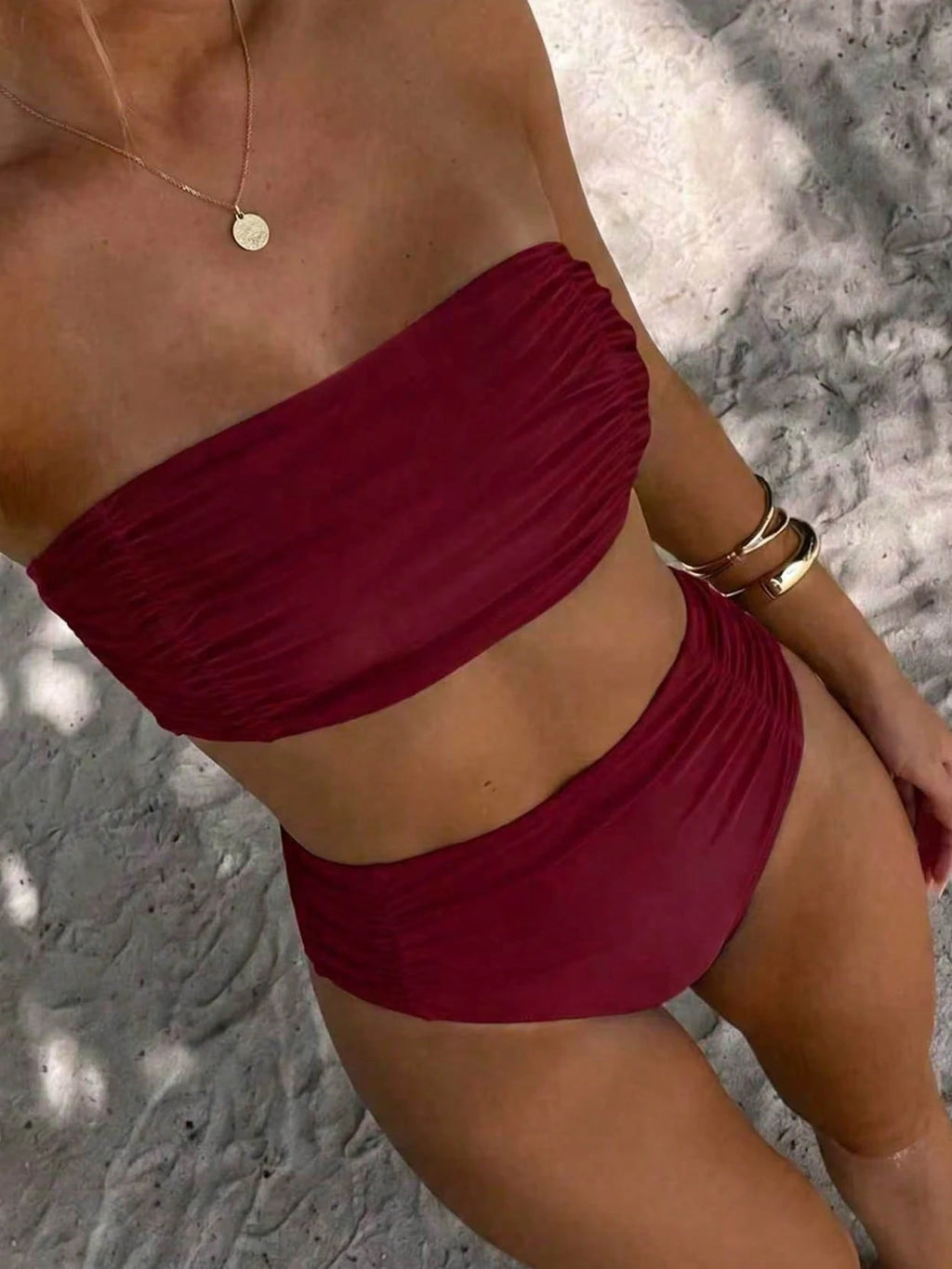 Swim Chiccia Women's Solid Color Bandeau Ruched Bikini Set