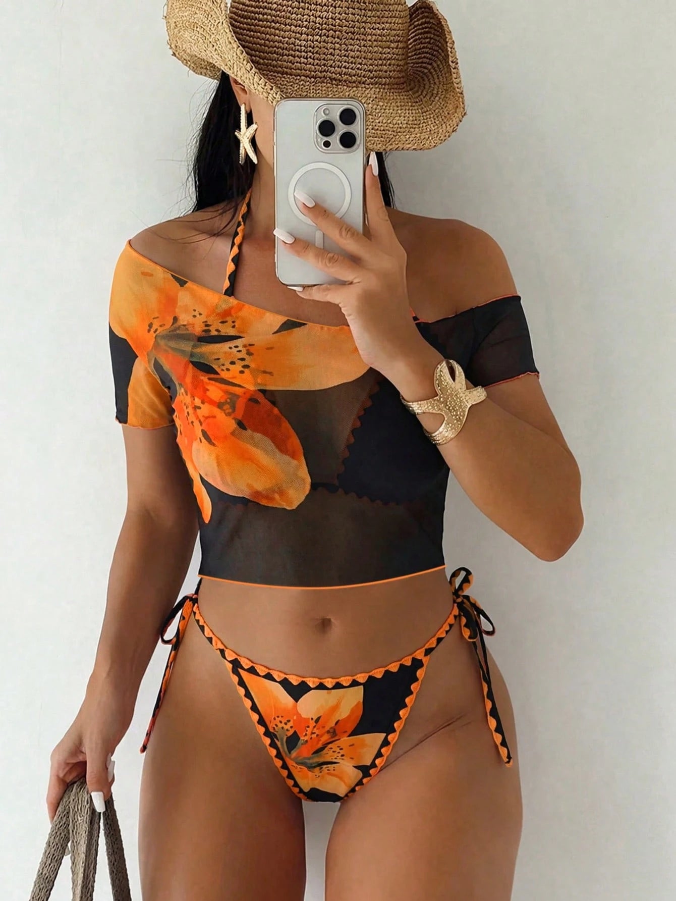 Swim Vcay 3pcs/Set Summer Vacation Sexy Colorblock Floral Halter Backless Triang